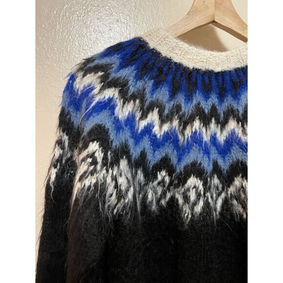 Vtg Signature Imports Alpaca Fair Isle Cardigan Black Blue White Fuzzy Bolivia - Picture 13 of 16